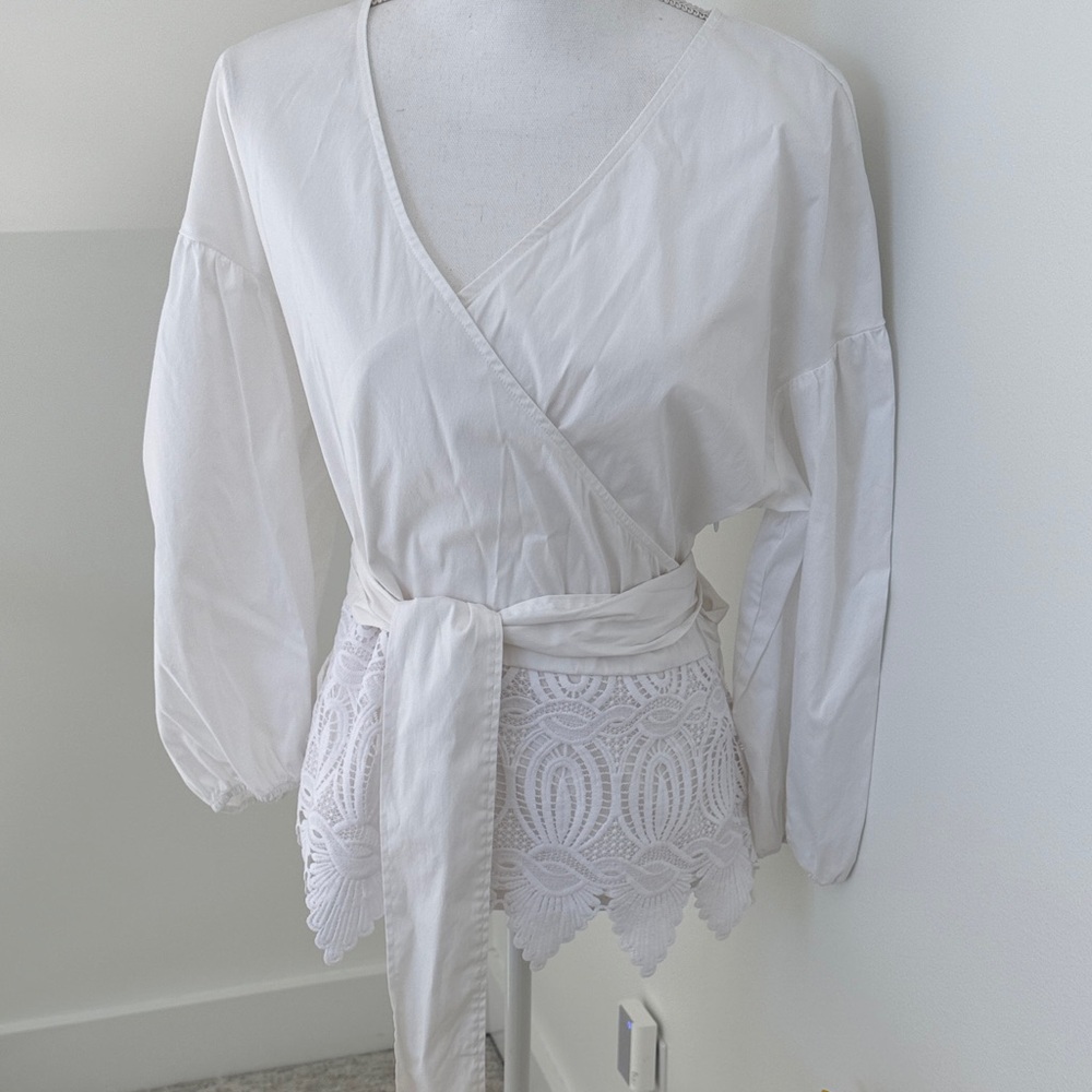 White House Black Market white Wrap Top with Lace Detail